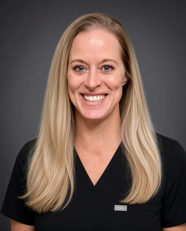 Headshot of a smiling female dental practitioner with long blonde hair wearing black scrubs against a grey background