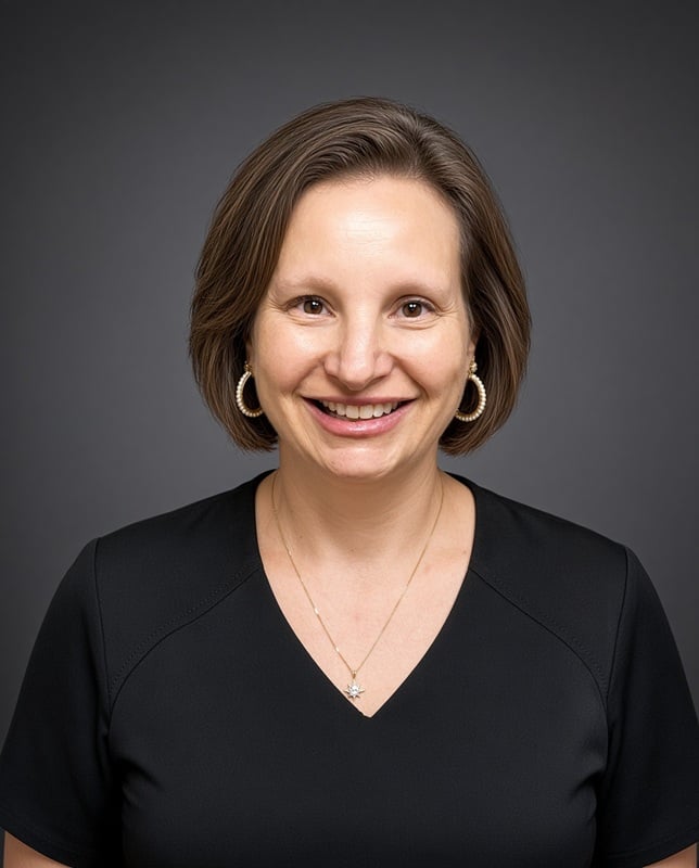 Headshot of a smiling female staff member with short brown hair and hoop earrings wearing a black top